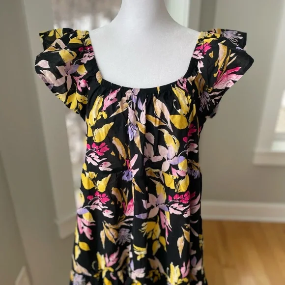 Time and Tru Black Pink Yellow Floral Cotton Off the Shoulder Tiered Maxi Dress - Picture 4 of 11